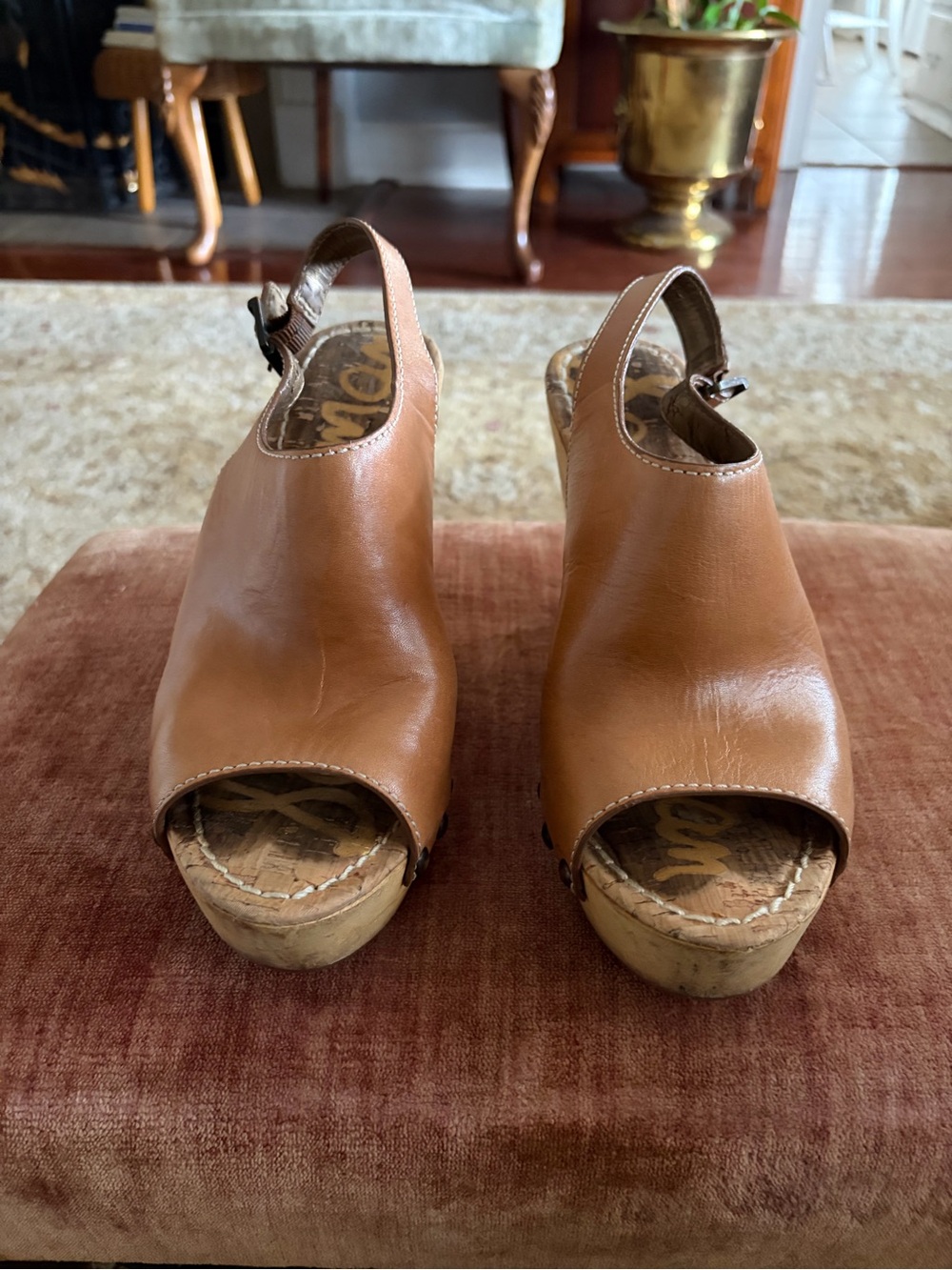 Sam Edelman Women's Tan Leather Open-Toe Slingback Wedge Sandals designer